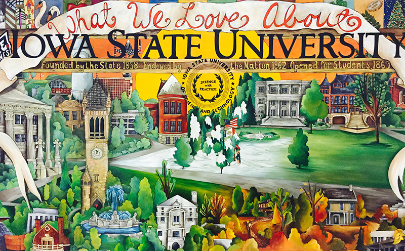 Sticks color painting with (red) What We Love About (black) Iowa State University (color) landscape of campus. 