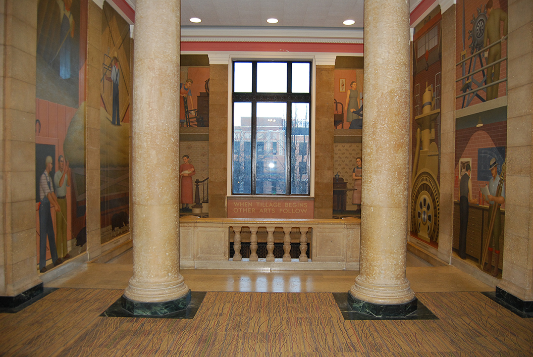 Color photograph in Parks Library Rotunda looking north out windows to Bessey Hall.