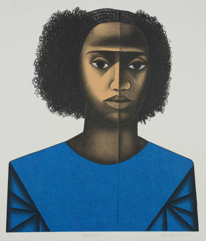 Object Name: Lithograph Keisha M Elizabeth Catlett 2008. African-American woman wearing blue dress.