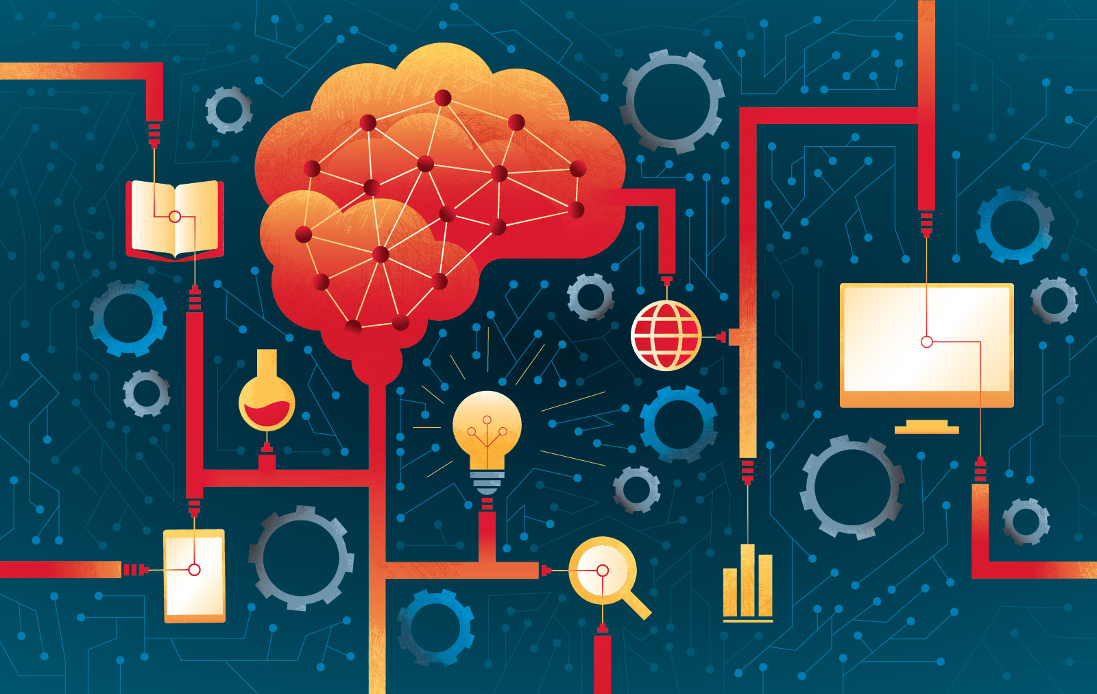 Illustration connecting a book, test tube, clock, light bulb, magnifying glass, globe, and large brain-like cloud.