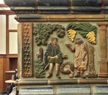 Elderly Spaniard and Native American with fruit trees overhead