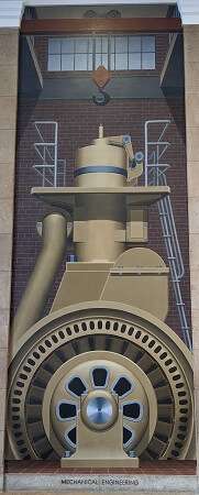 Tall mural showing factory machine known as a dynamo - bronze metal and circular spinning object with a silver metal ladder and small barriers at the top with a large hook on a pulley-system and small windows at the top of the building.