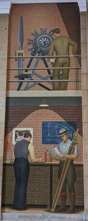 Tall mural showing 3 men in two levels of an indoor brick building. On the upper level, a man in a brown jumpsuit looks at a propeller and mechanical object. On the lower level, 2 architects or surveyors draw and look at designs while holding a tall instrument for surveying.