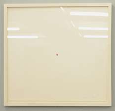 Framed panting of a cream space with a small centered red dot.