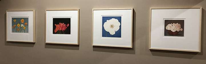 Photograph of four horizontally adjacent framed floral paintings.