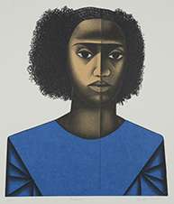 Straight-on head and shoulders painting of an African American woman with pulled back curly hair wearing a blue dress with features accentuated by geometry.