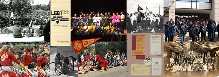 Images from Special Collections and University Archives. Student gatherings. Spirit events including the mascot Cy.