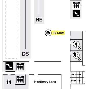 Highlighted black and white printer with queue name ISU-BW located by the beginning of the shelves, between the women's bathroom and tier elevator.