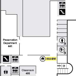 Highlighted black and white printer with queue name ISU-BW near central staircase and glass wall.