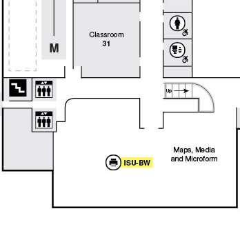 Highlighted black and white printer with queue name ISU-BW in slightly to the right as you walk into the doors of the Maps, Media, and Microform area