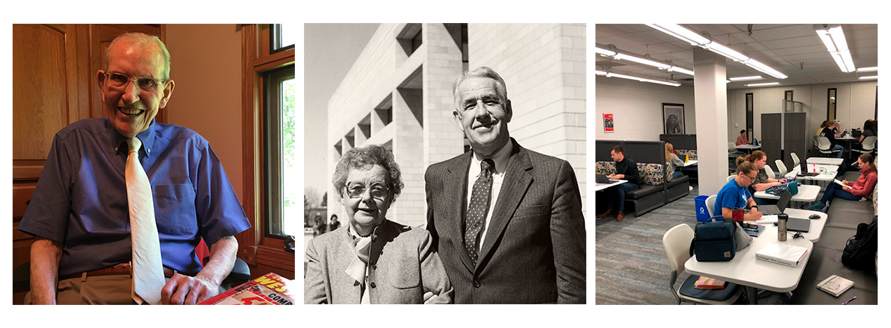 L: Warren Kuhn; C: William Robert Parks and Ellen Sorge Parks; Study area at Veterinary Medical Library